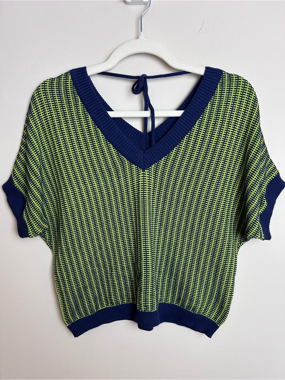 SKFK Kloe GOTS Knit Sweater Apple Green Navy Blue V-Neck Batwing Sleeves Medium